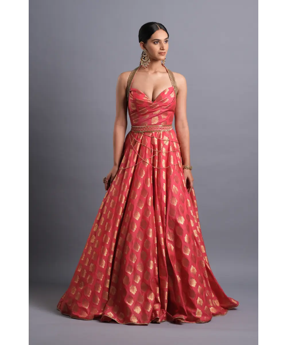 AASTHA SOOD - Crimson Halter Gown with Belt